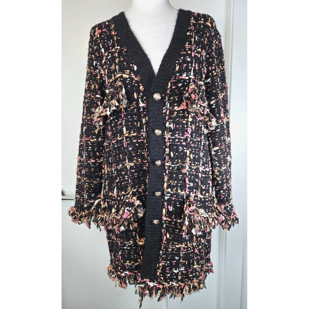 Tweed Raw Hem Button Up Cardigan Gold Button Quiet Luxury Preppy Party